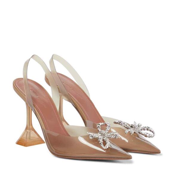 Amina Muaddi Rosie Glass Bow PVC Nude Crystal Slingback Sandal Heel Pump 38.5 - Picture 2 of 12